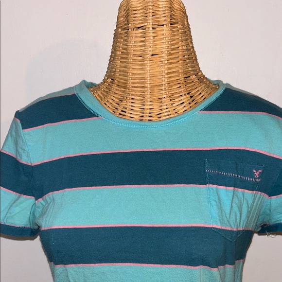 Y2K American Eagle Teal and Blue Striped Pocket Tee - Picture 6 of 6